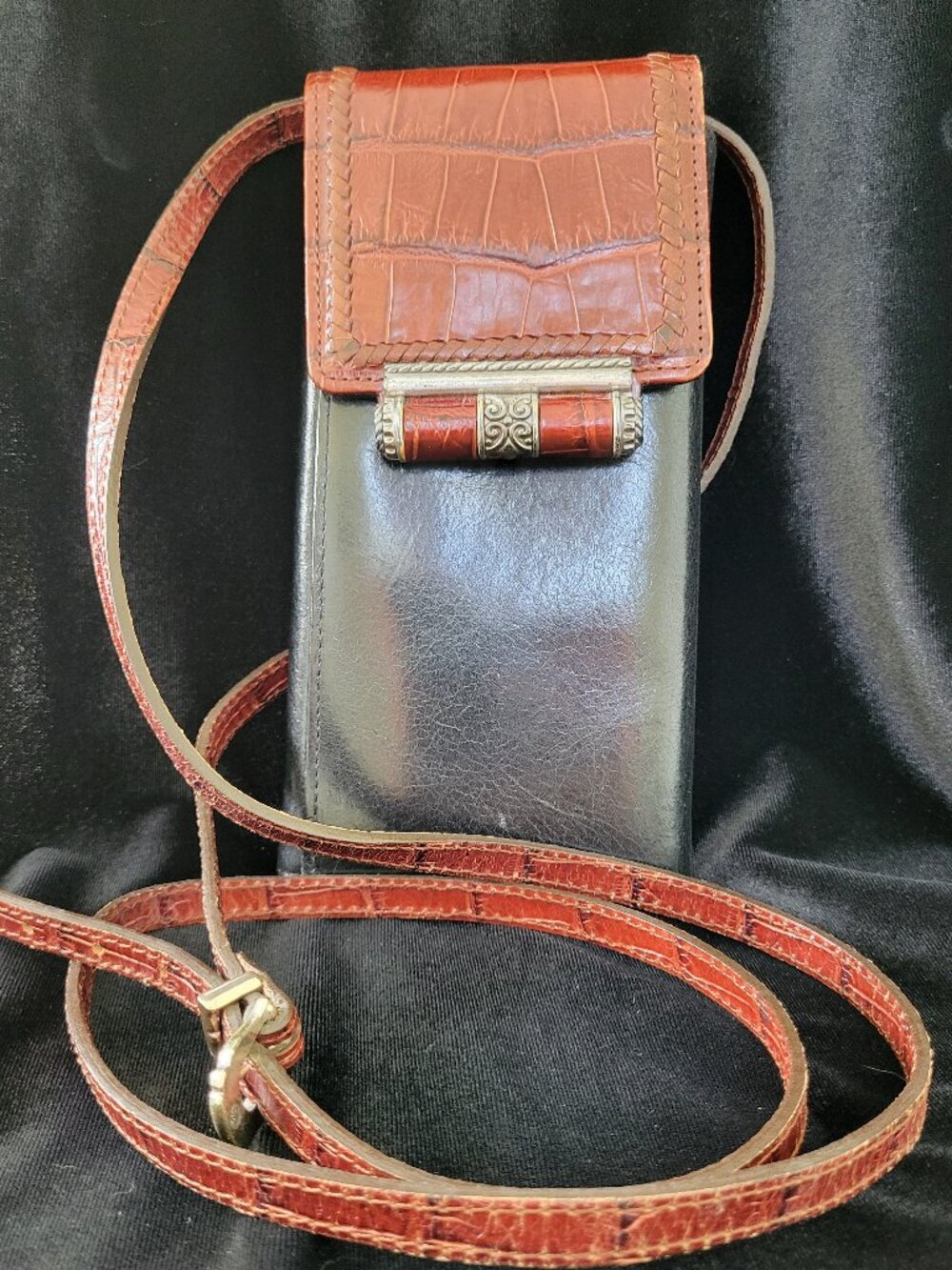 Brighton Vintage Black & Brown Croc Embossed Crossbody Wallet Organizer Bag